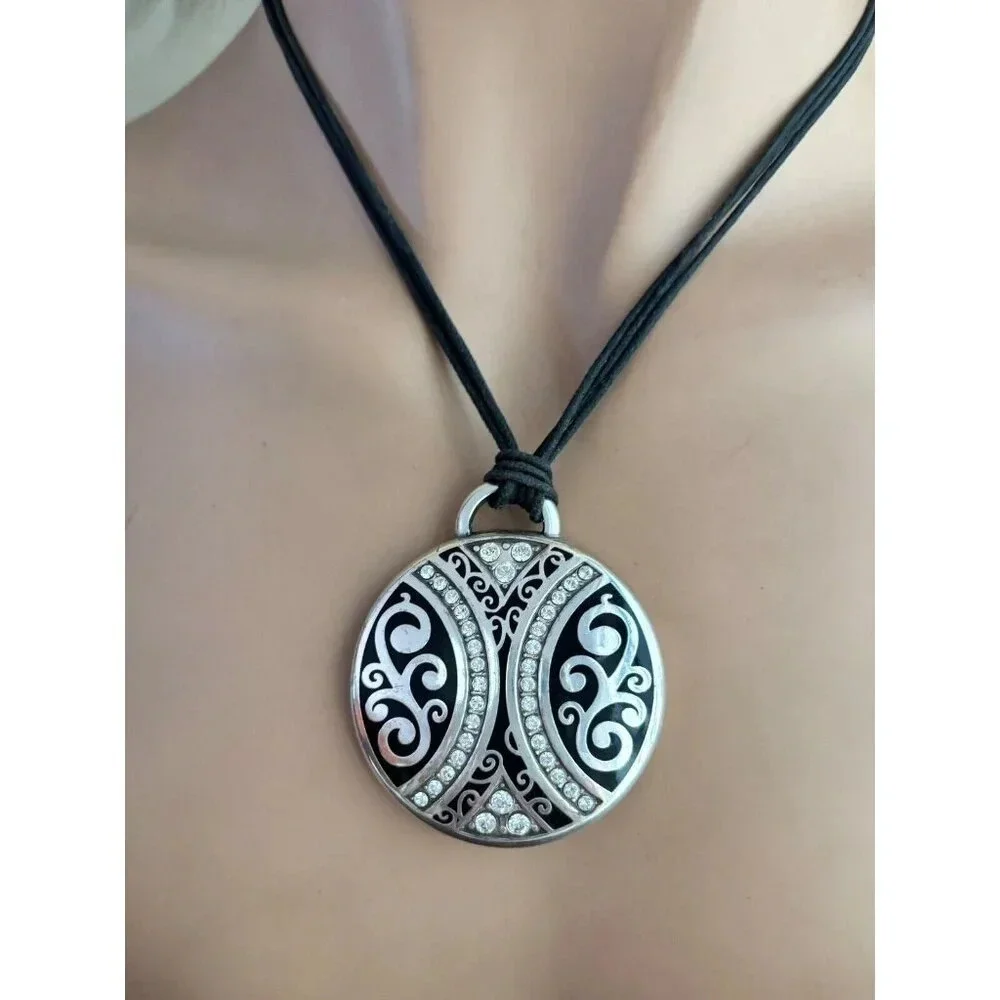 Brighton Dynasty Swarovski Crystal Round Medallion Pendant Cord Leather Necklace
